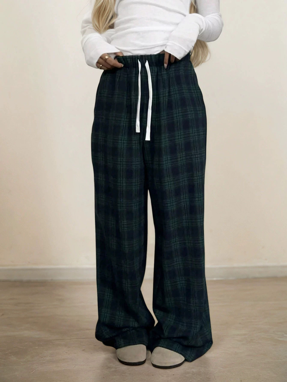 ZARA Versatile Casual Plaid Elastic Waist Pants Fall Winter